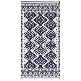 Reversible Outdoor Rug, Waterproof Plastic Straw With Carry Bag, 9 X 18, Blue & White Rhombus Border