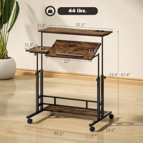 Adjustable Standing Desk With Power Outlets, Stand Up Desk With Tiltable Tabletop, Wheels, Shelf, For Home Office, Brown