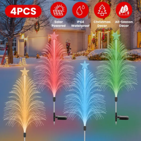 4Pack 7 Color Changing Solar Christmas Tree Lights Outdoor Optical Fiber Stake Lights Cedar Tree Lights With Topper Star IP44 Waterproof For Garden Ya
