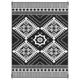 Reversible Outdoor Rug, Waterproof Plastic Straw With Carry Bag, 9 X 12, White & Black Toothed Rhombus