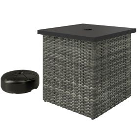 Outsunny Wicker Side Table with 1.5" Umbrella Hole, Square Outdoor End Table with UV-Resistant Frame, Storage Space, Mixed-Gray