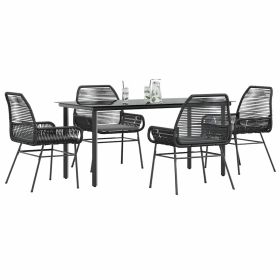 5 Piece Patio Dining Set with Cushions Black Poly Rattan Glass