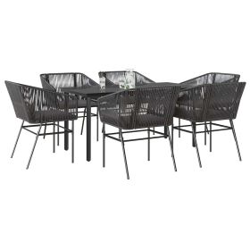 7 Piece Patio Dining Set with Cushions Black Poly Rattan Glass