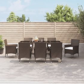 9 Piece Patio Dining Set with Cushions Brown Poly Rattan
