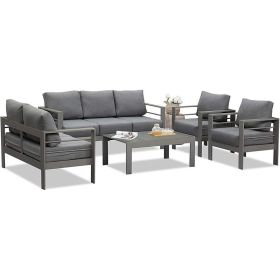 5 Pieces Outdoor All-Weather Conversation Set, Sectional Sofa, Aluminum Couch - Dark Gray Cushions