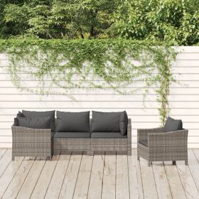 5 Piece Patio Lounge Set with Cushions Gray Poly Rattan (Color: Gray)