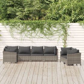 7 Piece Patio Lounge Set with Cushions Gray Poly Rattan (Color: Gray)