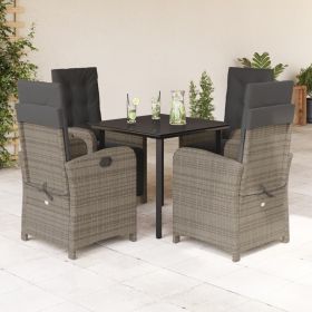 5 Piece Patio Dining Set with Cushions Gray Poly Rattan (Color: Gray)