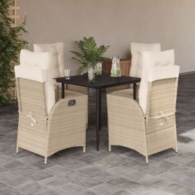 5 Piece Patio Dining Set with Cushions Beige Poly Rattan (Color: Beige)