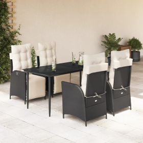 5 Piece Patio Dining Set with Cushions Black Poly Rattan (Color: Black)