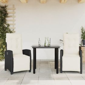 3 Piece Patio Dining Set with Cushions Black Poly Rattan (Color: Black)