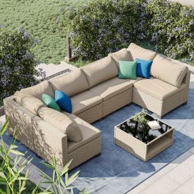 7-Piece Patio Furniture Set, All-Weather Boho Outdoor Conversation Set Sectional Sofa with Water Resistant Grey Thick Cushions (Color: as Pic)