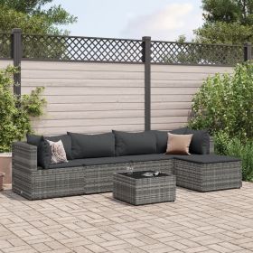 6 Piece Patio Lounge Set with Cushions Gray Poly Rattan (Color: Gray)