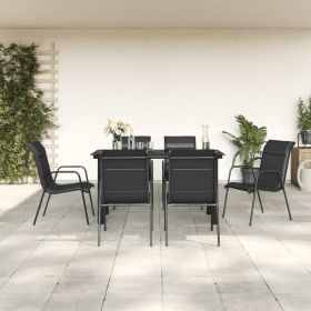 7 Piece Patio Dining Set Black Steel and Textilene (Color: Black)