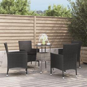 5 Piece Patio Bistro Set with Cushions Black Poly Rattan (Color: Black)