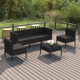 6 Piece Patio Lounge Set with Cushions Poly Rattan Black (Color: Black)